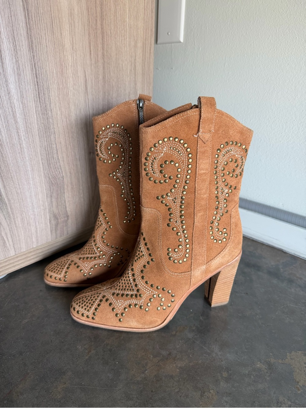 Donald J. Pliner Olivia Studded Suede Western Ankle Boots - Tan